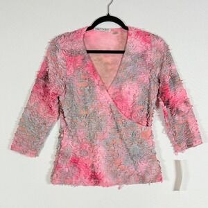 NEW Sno Skins Medium Pink Gray Textured Burnout Wrap Top Feminine Artsy Ruffle